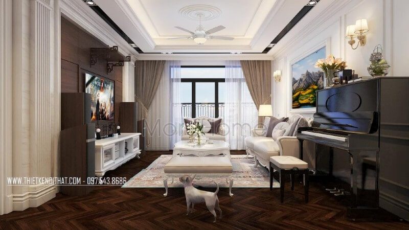 Bộ sofa tân cổ điển được đặt chính giữa không gian tạo cảm giác vững chãi và tiện nghi hơn cho gia chủ trong quá trình sử dụng