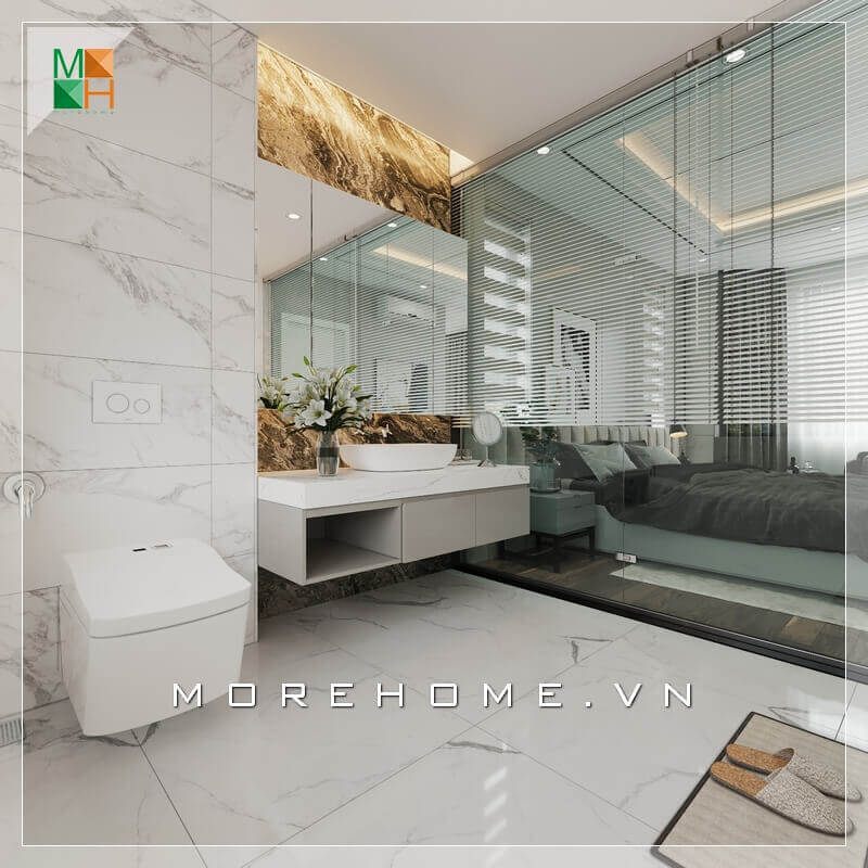 Thiết kế hiện đại của nhà vệ sinh với tủ chậu rửa lavabo cao cấp và sang trọng sẽ giúp căn phòng trở nên thuận tiện hơn.